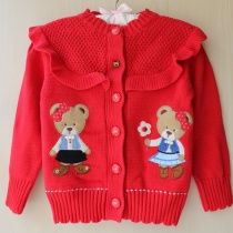 韩版女童装可爱小熊带荷叶花边长袖针织毛衣
