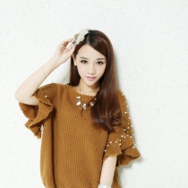 韩版春秋女装甜美复古棕色花边袖一字领订珠毛织衫