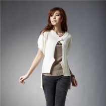 春秋韩版女装后长前短款白色色不规则外搭短袖针织衫