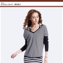新款韩版修身黑白条纹露肩针织毛衣长袖两件套连衣裙